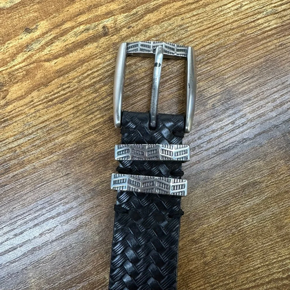 Luciano Bocelli Mens Black Woven Leather Belt Italian Calf Skin Silver Buckle 34